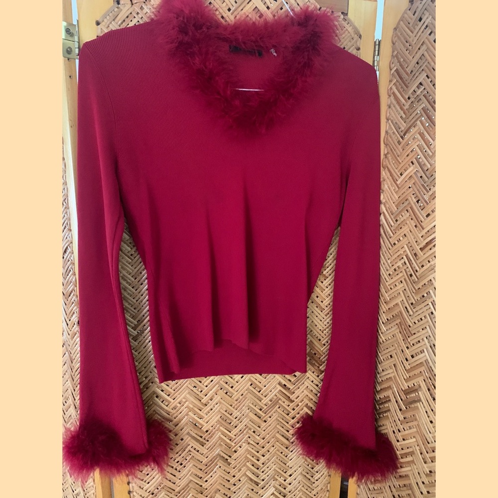 Red Feather Trimmed Knit Top